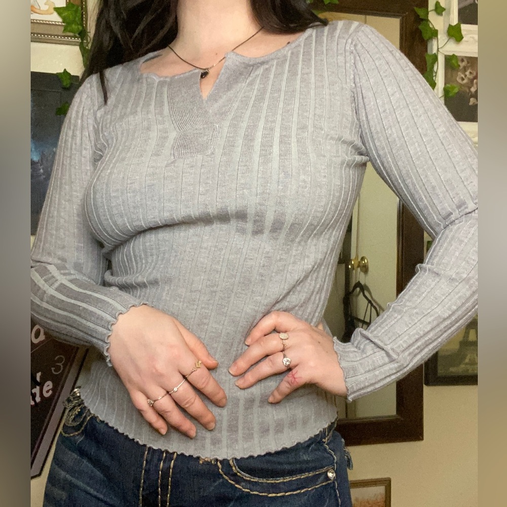 SHEIN Light Gray Ribbed Long Sleeve Knit Top
